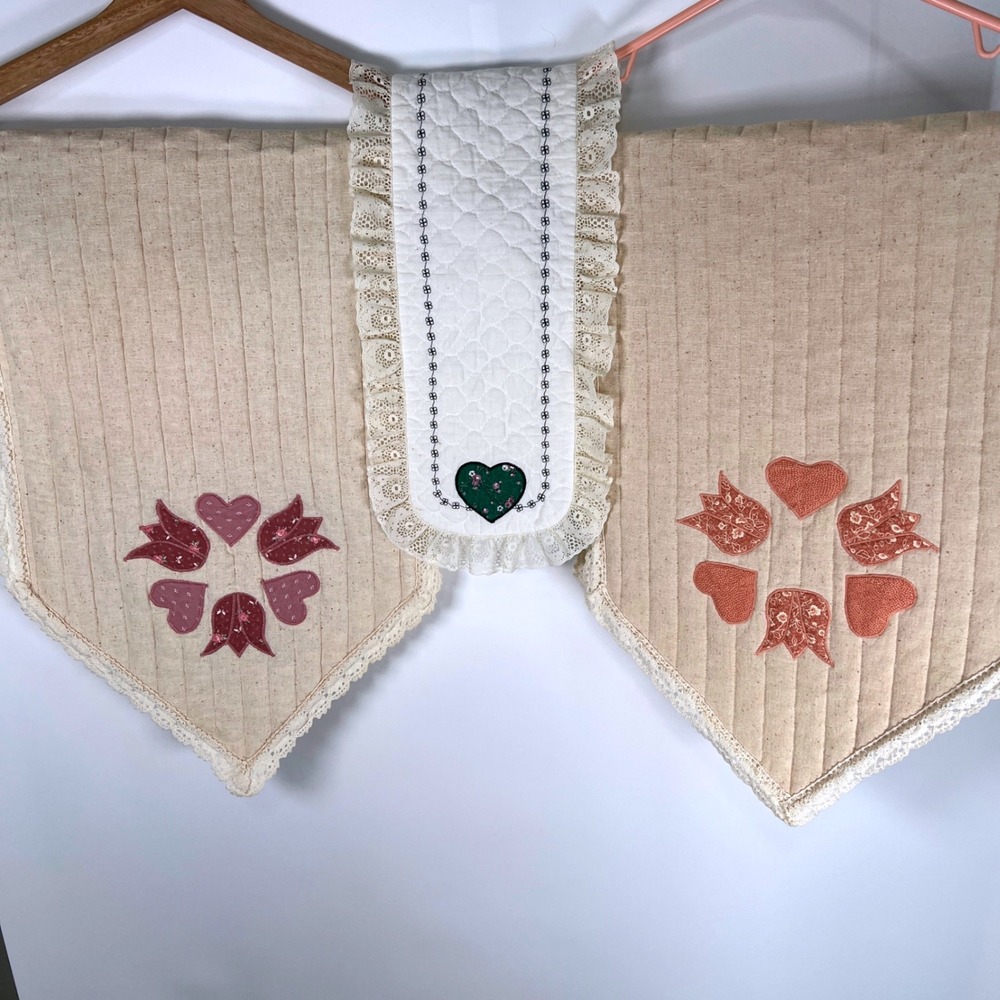 Set of 3 Quilted Table Runners Heart Floral Applique Lace Trim Farmhouse Decor